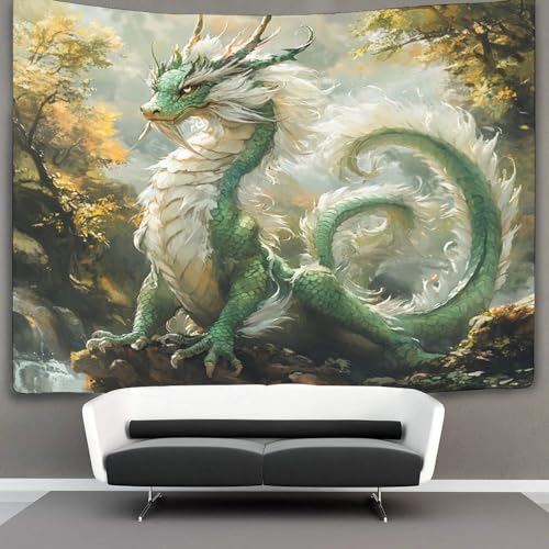 WENNUAN Asian Green Drache Wandteppich Wandbehang Wandtuch Tapestry Wall Hanging,Wandteppich Wildtiere Wanddeko Für Schlafzimmer Wohnzimmer Wohnheim 150cmx200cm von WENNUAN