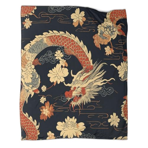 WENNUAN Böhmenn Decke Teenager Japanischer Drache Pattern Bedruckte Decke Flauschig Weich Bequeme Plüschdecke Passend Für Schlafsofa Sofa 60x80inch(150x200cm) von WENNUAN