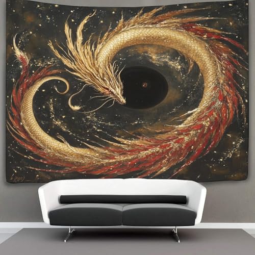 WENNUAN Golden Drache Wandteppich, Schlafzimmerästhetik Indie Wandteppich, Raumdekoration,Wandteppiche,Wandteppich Schwarzes Loch Wandbehang,Wandkunst 100cmx150cm von WENNUAN