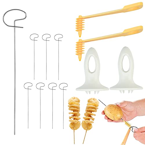 WENRERO 12 Teiliges Spiral Chips Kartoffelschneider Set Kartoffel-Spirale Cutter mit 2 Stück Kunststoff Griff 2 Stück Spiralschneider 8 Stück Stäbchen Edelstahl Kartoffel Twister für BBQ, Party von WENRERO