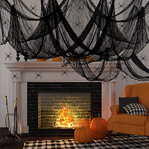 WENRERO Halloween Gruselige Tuch mit 20 Stück Kunststoff Spinnen 10M * 2M Halloween Gruseliger Stoff Gruseliges Tuch Grusel Deko Halloween Dekorationen Schwarz Dekogewebe für Halloween von WENRERO