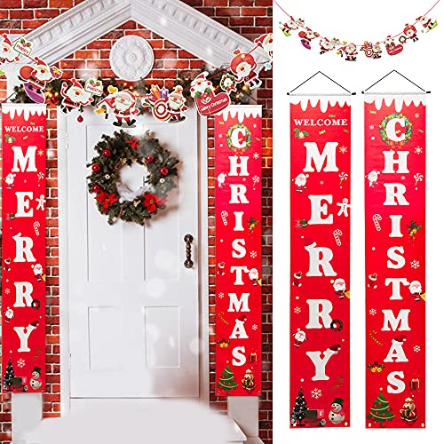 WENRERO “Merry Christmas” Banner Frohe Weihnachten Couplet 31 x 180CM aus Polyester mit Weihnachtsmann Banner Neujahr Weihnachtsdekoration Banner Veranda Zeichen Weihnachten Hängeschild für Deko von WENRERO