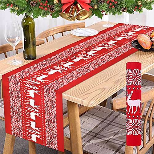 WENRERO Tischläufer Weihnachten 2.75 M * 28 CM Christmas Table Runner Weihnachtstisch Dekoration Rot Weihnachtstischdecke Abwaschbar Rentier Tisch Läufer Tischdecke für Weihnachten, Party, Hochzeit von WENRERO