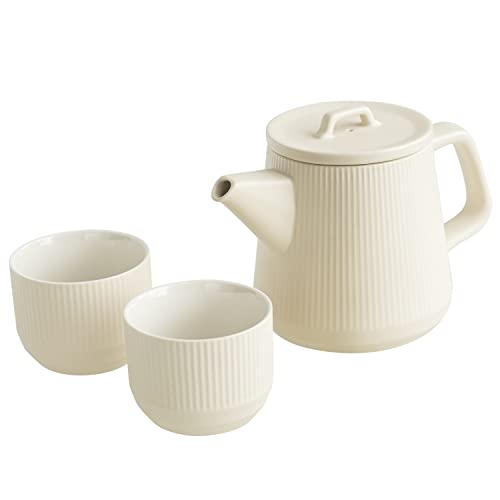 Chinesisches Gong Fu-Teeservice aus Keramik: Teekanne, 2 Tassen, Filter, Streifen-Design, matt-cremefarben - Perfekt für Teezeremonien oder Teegenuss von WENSHUO