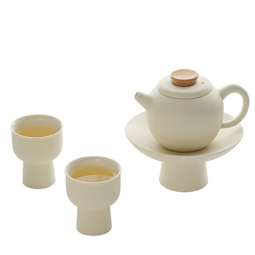 Keramik Tee Set, Teekanne und Teetassen, chinesisches Gongfu-Tee-Set, cremefarbenes Mattglasur, eine Teekanne und zwei Teetassen von WENSHUO
