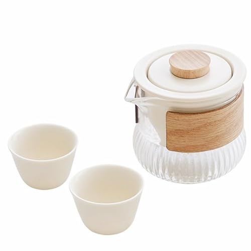 WENSHUO Teekannen-Set aus Glas mit Teesieb zum Abseihen von losem Tee, chinesisches Kung-Fu-Tee-Set, 2 Keramikbecher, kleine Größe mit EVA-Etui, leicht zu tragen (Crème) von WENSHUO