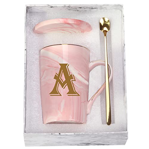Buchstabe A Personalisierte Initial-Tasse, Buchstabe A personalisierte Marmor-Kaffeetasse, Buchstaben-Kaffeetassen für Frauen, Brautparty-Geschenke, Tasse 400 ml, rosa mit Geschenkbox von WENSSY