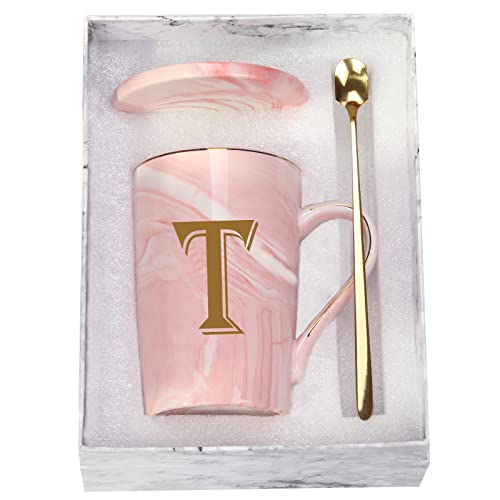 Buchstabe T Personalisierte Initial-Tasse, Buchstabe T personalisierte Marmor-Kaffeetasse, Buchstaben-Kaffeetassen für Frauen, Brautparty-Geschenke, 400 ml, Rosa mit Geschenkbox von WENSSY