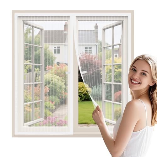 WENT Fliegengitter Fenster ohne Bohren 110x130 cm, Robustes Polyester Netz, Schnell montiert & wiederverwendbar, Insektenschutz Fenster Mückenschutz mit automatischem Verschluss, Weiß von WENT