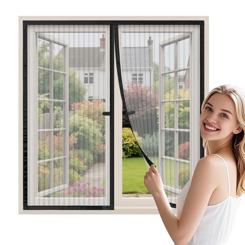 WENT Fliegengitter Fenster ohne Bohren 115x140 cm, Robustes Polyester Netz, Schnell montiert & wiederverwendbar, Insektenschutz Fenster Mückenschutz mit automatischem Verschluss, Schwarz von WENT
