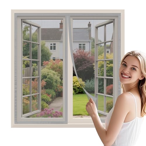 WENT Fliegengitter Fenster ohne Bohren 140x160 cm, Robustes Polyester Netz, Schnell montiert & wiederverwendbar, Insektenschutz Fenster Mückenschutz mit automatischem Verschluss, Grau von WENT