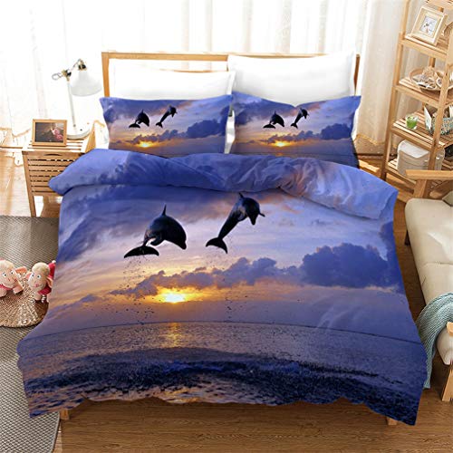 3D Meerestiere Delfin Wal Hai Pinguin Drucken Bettwäsche-Set Mikrofaser Blau Lila Sanft Atmungsaktiv Bettbezug und Kissenbezug Junge Mädchen (Stil 1, 155x220 cm + 80x80 cm*2) von WENYA