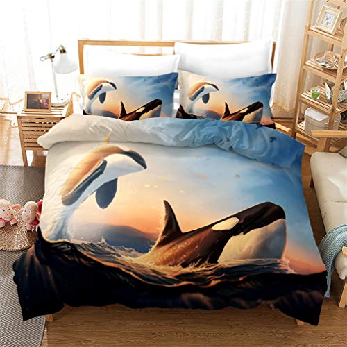 3D Meerestiere Delfin Wal Hai Pinguin Drucken Bettwäsche-Set Mikrofaser Blau Lila Sanft Atmungsaktiv Bettbezug und Kissenbezug Junge Mädchen (Stil 2, 155x220 cm + 80x80 cm*2) von WENYA