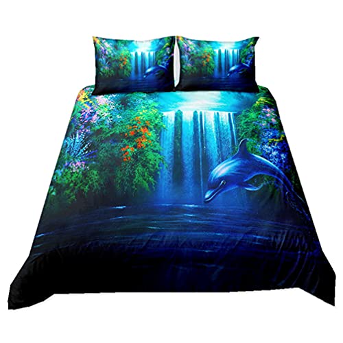 Bettbezug-Set Delfin Meer 3D Tier Muster Bettwäsche-Set Wasserfall Landschaft Galaxis Sternenklarer Himmel Ozean Blau Lila Gelb Bettbezug Mit Kissenbezug (Stil 1, 135x200 cm) von WENYA