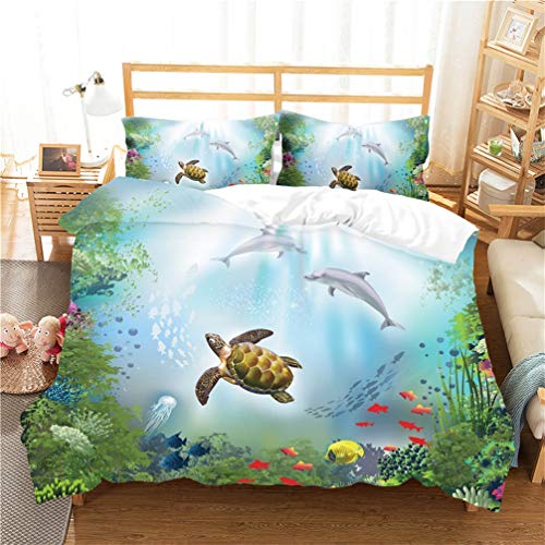 WENYA 3D Meerestiere Delfin Schildkröte Fisch Unterwasserwelt Bettwäsche-Set Blau Bettbezug und Kissenbezug Kinder Junge Mädchen (Stil 1, 135x200 cm + 80x80 cm*1) von WENYA