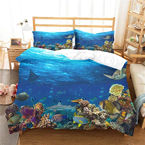 WENYA 3D Meerestiere Delfin Schildkröte Fisch Unterwasserwelt Bettwäsche-Set Blau Bettbezug und Kissenbezug Kinder Junge Mädchen (Stil 4, 200x200 cm + 80x80 cm*2) von WENYA