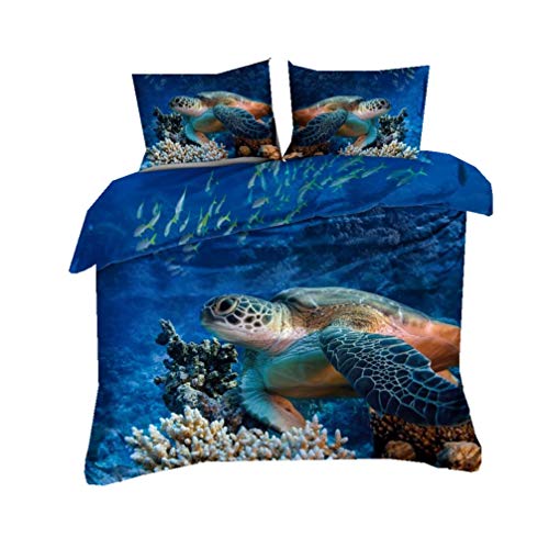 WENYA Bettwäsche-Set Kind Junge Mädchen 3D Schildkröte Bettbezug Meerestiere Fisch Koralle Strand Seestern Blau Mikrofaser Bettbezug Mit Reißverschluss (Farbe 1, 135x200 cm + 80x80 * 1) von WENYA