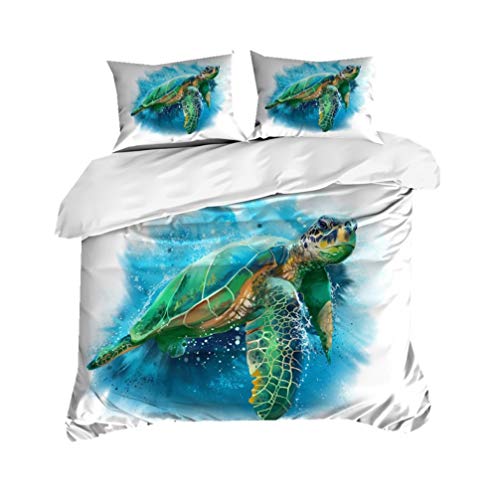 WENYA Bettwäsche-Set Kind Junge Mädchen 3D Schildkröte Bettbezug Meerestiere Fisch Koralle Strand Seestern Blau Mikrofaser Bettbezug Mit Reißverschluss (Farbe 3, 135x200 cm + 80x80 * 1) von WENYA