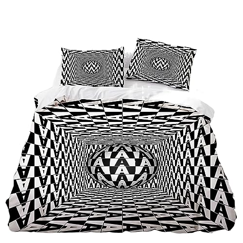 Schwarz Weiß Visuelle 3D Effekte Geometrisch Bettwäsche Set Bettbezug und Kissenbezug Mikrofaser Jungen Mädchen Jugendliche (Farbe 3, 155x220 cm + 80x80 cm*2) von WENYAPJYC