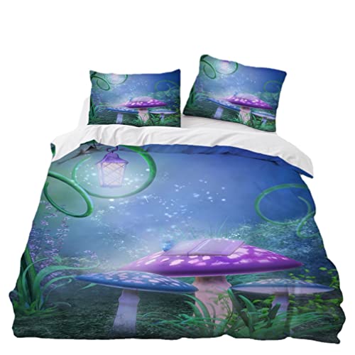 3D Druck Fantasie Märchen Wald Sternenhimmel Bettwäsche Set Pilz Muster Blau Grün Rosa Bettbezug und Kissenbezug Mikrofaser Mädchen (Stil 1, 135x200 cm + 80x80 cm*1) von WENYAPJYC