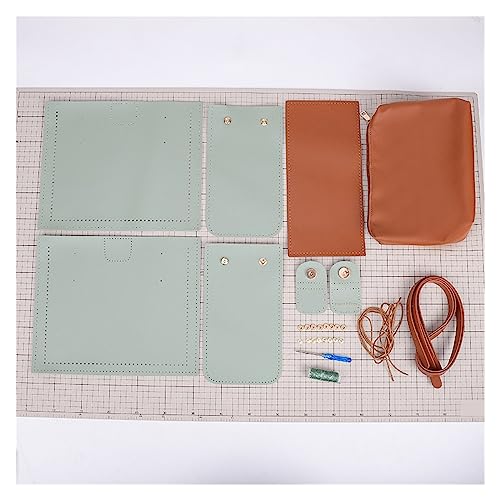 WEOKDFHA DIY-Set zur Ledertaschenherstellung Handgefertigtes, gewebtes Ledertaschen-Set, Farbblock-Einkaufstasche, DIY-Material, selbstgemachtes Handnähen for Damen, Umhängetasche(Green Brown) von WEOKDFHA