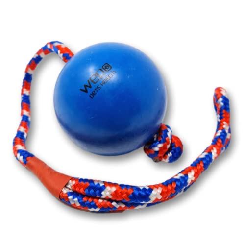 WEPO Hundeball mit Schnur Blau Ø 8cm - Hundespielzeug Wurfball - Zerrspielzeug Hund - Hunde Zubehör große Hunde aus Naturgummi - Für Zerr- & Apportierspiele von WEPO