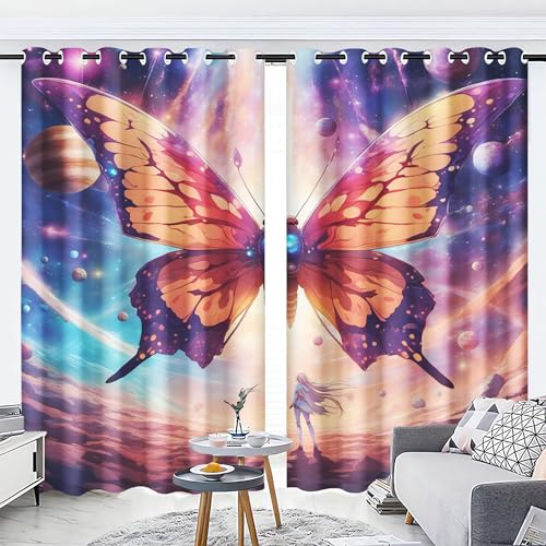 WEQEER 3D Schmetterling Verdunkelungsvorhänge Anime Schmetterlings mädchen vorhänge Mit Ösen Bunt Schmetterling Vorhänge Für Kinderzimmer, 2 Paneele (2,100x140cm(2x50x140cm)) von WEQEER