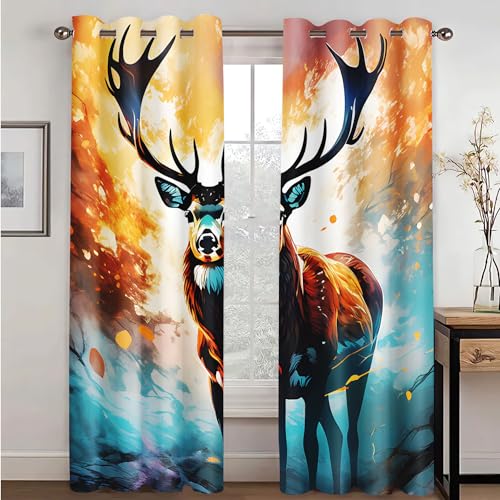 WEQEER Anime Verdunkelungsvorhang 3D REH Waldtier Fenstervorhang Wald Hirsch Gardinen Blickdicht 2er Set für Kinderzimmer Wohnzimmer (10,100x140cm(2x50x140cm)) von WEQEER