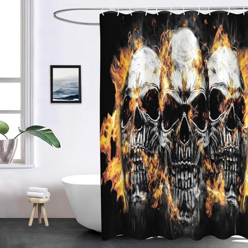 WEQEER Blumen Rose Skelett Halloween Totenkopf Duschvorhang 180x180cm, 3D Scary Skull Totenkopf Muster rutschfeste Badematte, Gothic Skull Duschvorhänge Set 12 Haken (5,200 x 240 cm) von WEQEER
