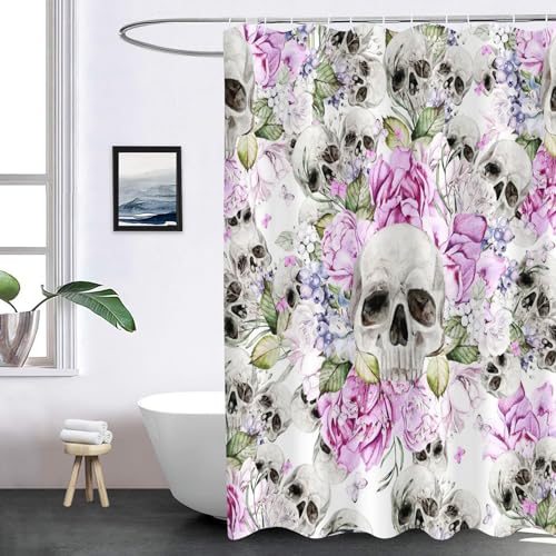 WEQEER Blumen Rose Skelett Halloween Totenkopf Duschvorhang 180x180cm, 3D Scary Skull Totenkopf Muster rutschfeste Badematte, Gothic Skull Duschvorhänge Set 12 Haken (7,180 x 200 cm) von WEQEER