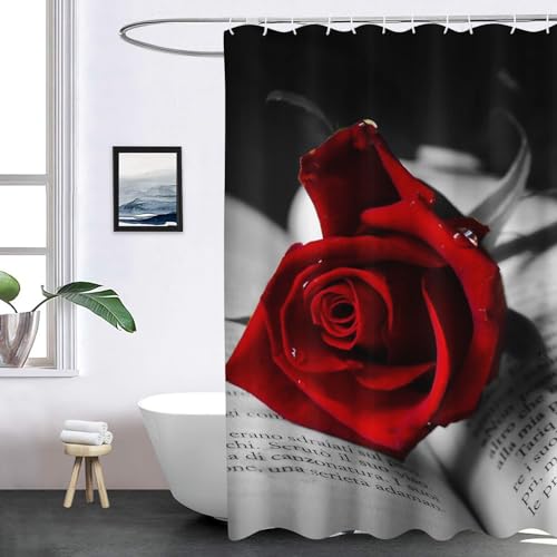 WEQEER Duschvorhang Rosen Blumen Roten Rosen Duschvorhänge 120x200 180x180 Anti-Schimmel Wasserdicht Textil Rote Rosen Duschvorhang Für Badzimmer Mit 12 Haken (4,200 x 200 cm) von WEQEER