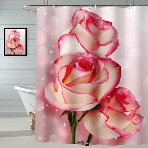 WEQEER Duschvorhang Rosen Blumen Roten Rosen Duschvorhänge 180x180 cm Rose Flower Regentropfen-Duschvorhang Rosa Blümchen Shower Curtains (5,180 x 200 cm) von WEQEER