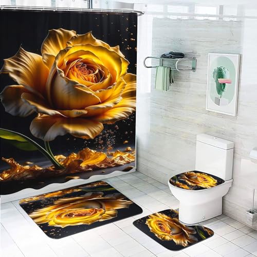 WEQEER Duschvorhang Rosen Blumen Roten Rosen Pfingstrose Duschvorhänge 180x180 180x200 Blumen Dusche Vorhang Set Mit Teppichen 4-teiliges (8,200x200cm) von WEQEER