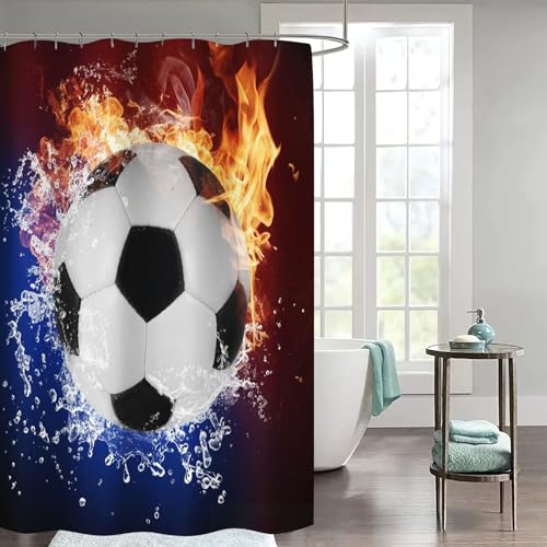 WEQEER Fußball Duschvorhang 180x180 180x200 Sport Thema Fußball Duschvorhang Textil 3D Fußball Duschvorhänge Mit 12 Ringen Für Jungen, Kinder (1,120 x 200 cm) von WEQEER