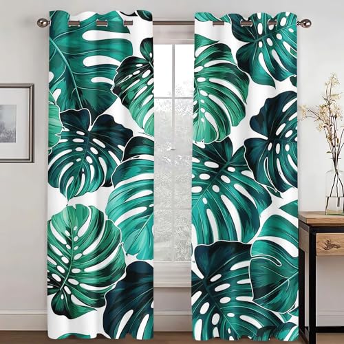 WEQEER Gardinen Blickdicht Tropical Pflanzen Palm Leaves Monstera Verdunkelungsvorhang Naturthema Fenstervorhang Für Schlafzimmer Kinderzimmer, 2 Panels (10,220x215cm(2x110x215cm)) von WEQEER