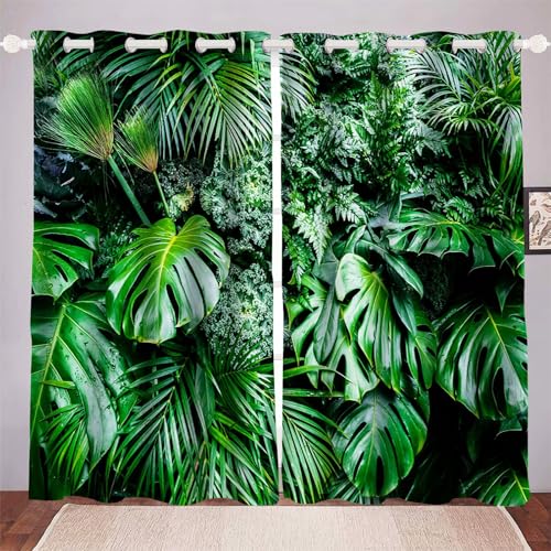 WEQEER Gardinen Blickdichter - Grüne Palmblätter, Tropische Blätter Vorhänge Grüne Palmblatt Pflanzen Gardinen Blickdichter Tropische Pflanze Muster Monstera Vorhänge (3,100×140BxH (50×140cm×2)) von WEQEER
