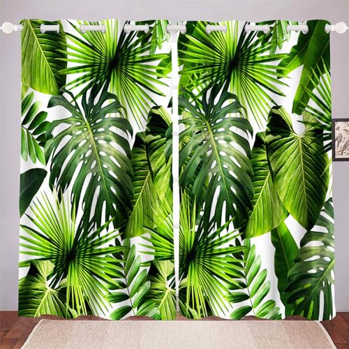 WEQEER Gardinen Blickdichter - Grüne Palmblätter, Tropische Blätter Vorhänge Grüne Palmblatt Pflanzen Gardinen Blickdichter Tropische Pflanze Muster Monstera Vorhänge (5,100×140BxH (50×140cm×2)) von WEQEER
