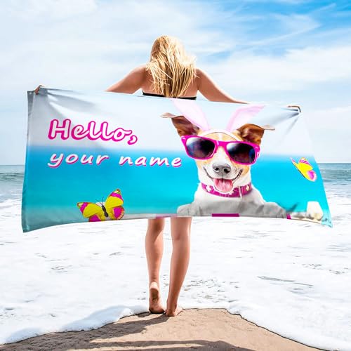 WEQEER Personalisiert Strandtuch Mit Namen, Personalisierte süßer Hund Handtuch Badetuch Mit Namen lustige Tiere Mikrofaser Strandtuch Groß für Familie (A,100x200cm) von WEQEER