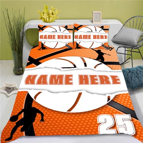 WEQEER Personalisierte Basketball Bettwäsche mit Name,Jungs Kinder Sportthema Bettwäsche Set 135x200 cm, 3D Drucken Basketball Bettbezug mit Reißverschluss Mikrofaser (Single 135x200CM) von WEQEER
