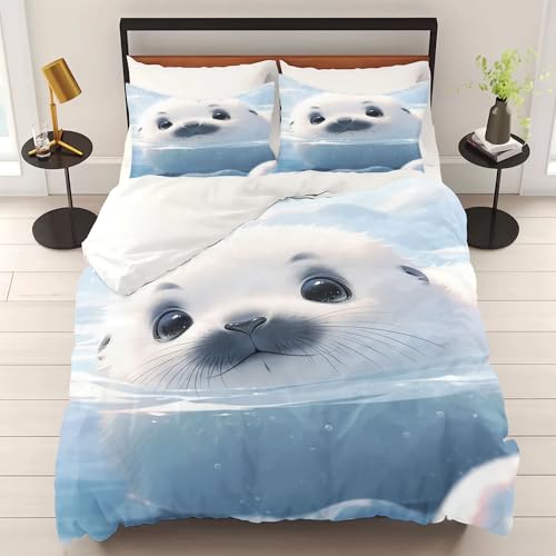 WEQEER Seehund Bettwäsche 135x200 Niedliche Robben Tiere 3D Bedruckte Bettbezug Set Microfaser Bettwäsche + 2 Kissenbezug für Kinder Jungen Mädchen (3,Single 140x210CM) von WEQEER