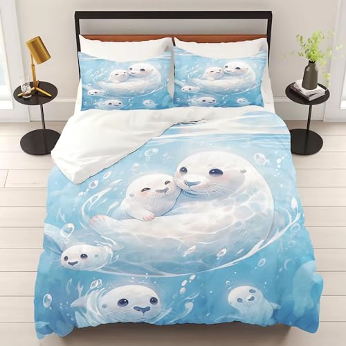 WEQEER Seehund Bettwäsche 135x200 Niedliche Robben Tiere 3D Bedruckte Bettbezug Set Microfaser Bettwäsche + 2 Kissenbezug für Kinder Jungen Mädchen (5,Single 140x210CM) von WEQEER