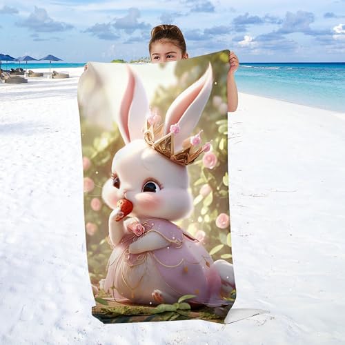 WEQEER Süßer Hase Strandtuch 90x180 cm Märchen Kaninchen Mikrofaser Strandtuch Badetuch Osterhase Strandlaken Handtücher Für Kinder Bad Schwimmen Camping (1,70x140cm) von WEQEER