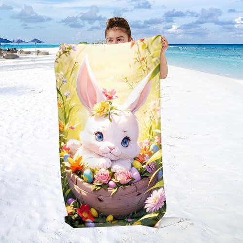 WEQEER Süßer Hase Strandtuch 90x180 cm Märchen Kaninchen Mikrofaser Strandtuch Badetuch Osterhase Strandlaken Handtücher Für Kinder Bad Schwimmen Camping (7,70x140cm) von WEQEER