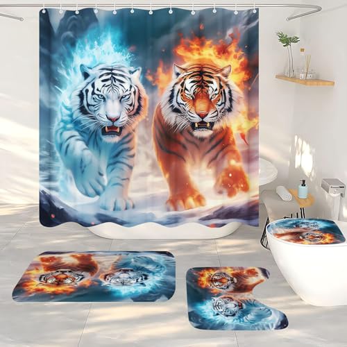 WEQEER Tiger Duschvorhang 180x200 180x180, Rose Tiger Duschvorhänge Wilde Tiere Duschvorhang-Set Polyester Stoff Badezimmerteppich 4-teiliges Set Tiger Shower Curtains (8,180 x 200 cm) von WEQEER