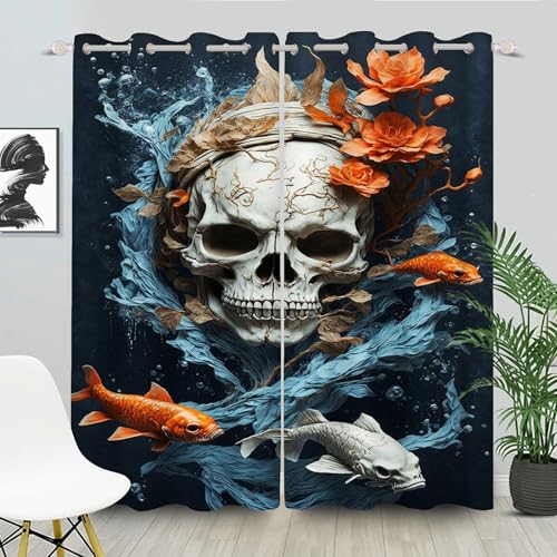 WEQEER Totenkopf Vorhänge Blickdicht Gothic Schädel Gardinen Mit Ösen Skull 3D Verdunkelungsvorhäng Totenkopf Schädel Rosen Gothic Vorhänge Für Schlafzimmer (7,220×215BxH (110×215cm×2)) von WEQEER