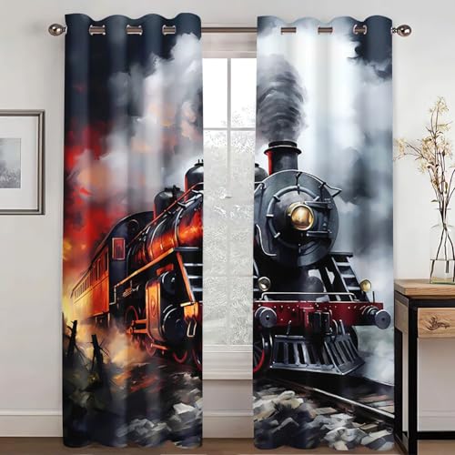 WEQEER Vorhänge Blickdicht Dampflokomotive Verdunkelungsvorhänge Retro-Zug Eisenbahn Vorhänge Mit Ösen für Schlafzimmer Wohnzimmer Kinderzimmer Fensterdekoration (5,183x160cm(2x91x160cm)) von WEQEER