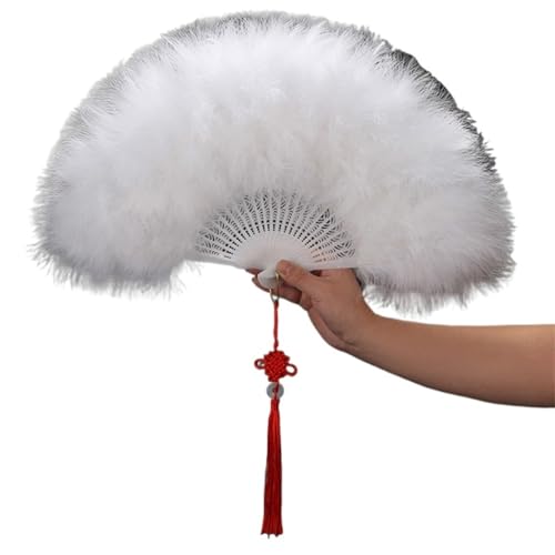 Eleganter Faltfächer aus vollem Samt, bunter weißer Federfächer, chinesischer Knoten, Handfächer, Fee, Mädchen, Tanz, Hochzeit, Party, Dekoration Für Kostüm Halloween Tanzshow Tee Party(White) von WEQYFDC