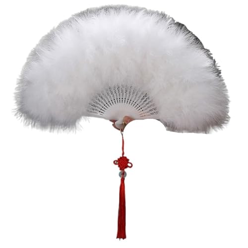 Eleganter Faltfächer aus vollem Samt, bunter weißer Federfächer, chinesischer Knoten, Handfächer for Mädchen, Tanz, Hochzeit, Party, Dekoration Für Kostüm Halloween Tanzshow Tee Party(White) von WEQYFDC