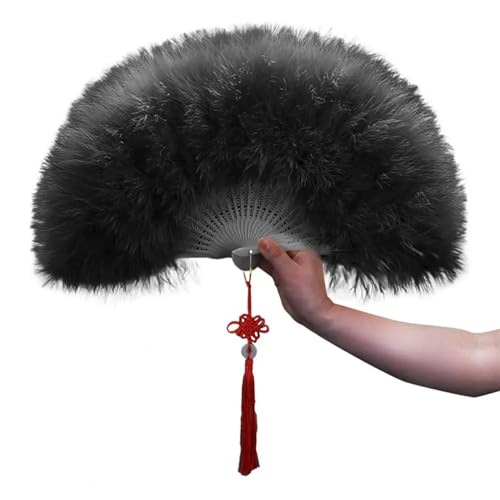 Flauschiger Plüsch-Faltfächer, chinesischer Knoten, dekorativer Retro-Faltfächer mit gefälschten Federn, Tanzdekor, Damen-Hochzeitsfächer Für Kostüm Halloween Tanzshow Tee Party(Black) von WEQYFDC