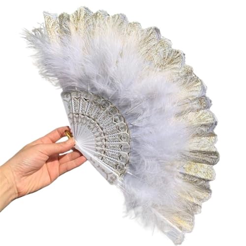 Mädchen Falten Hand Fan Vintage Feder Spitze Chinesischen Tanz Fan Bühne Leistung Requisiten Hause Ornamente Dekor Für Kostüm Halloween Tanzshow Tee Party(WHITE) von WEQYFDC